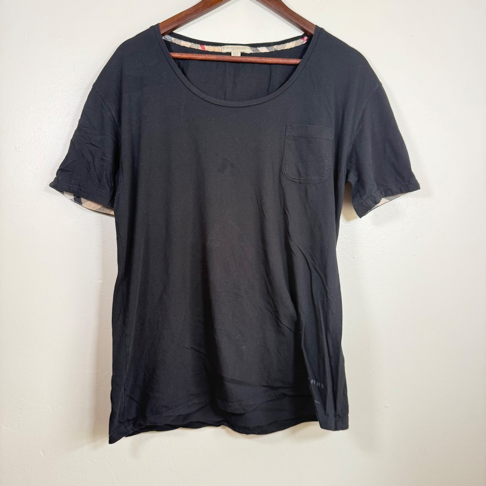 Burberry Brit Nova Check Trim Pocket Scoop Neck T-Shirt Size Large Black